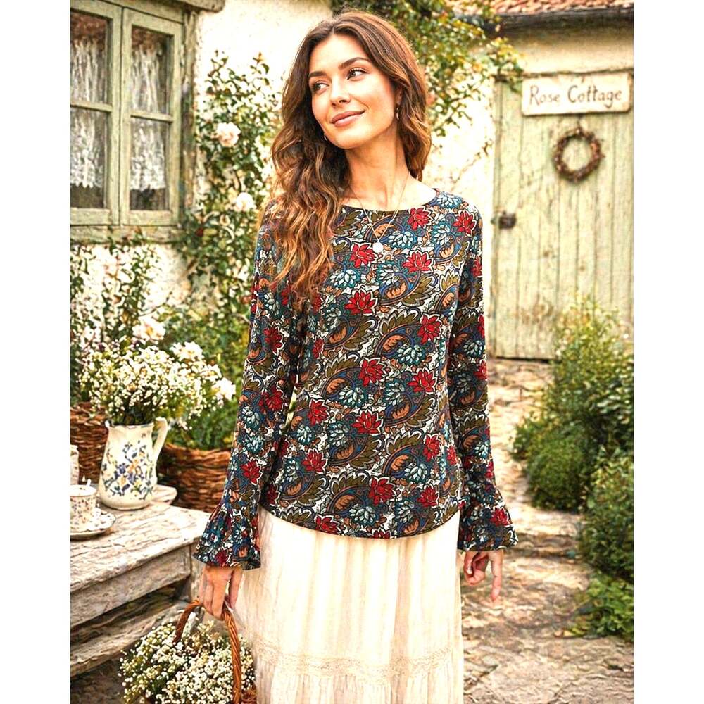 Susan Graver Liquid Knit Top L Floral Paisley Boho Flounce Sleeve Bateau
